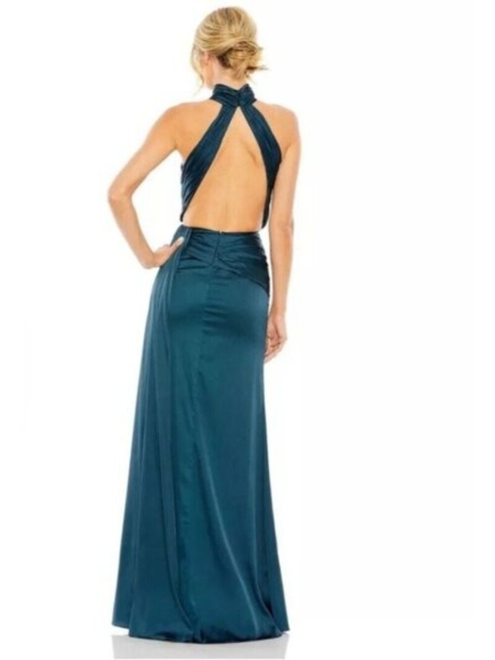 Mac Duggal Size 2 Ocean Blue Side Ruched Satin Halter Neck Prom Gown Dress Flaw - Picture 3 of 15